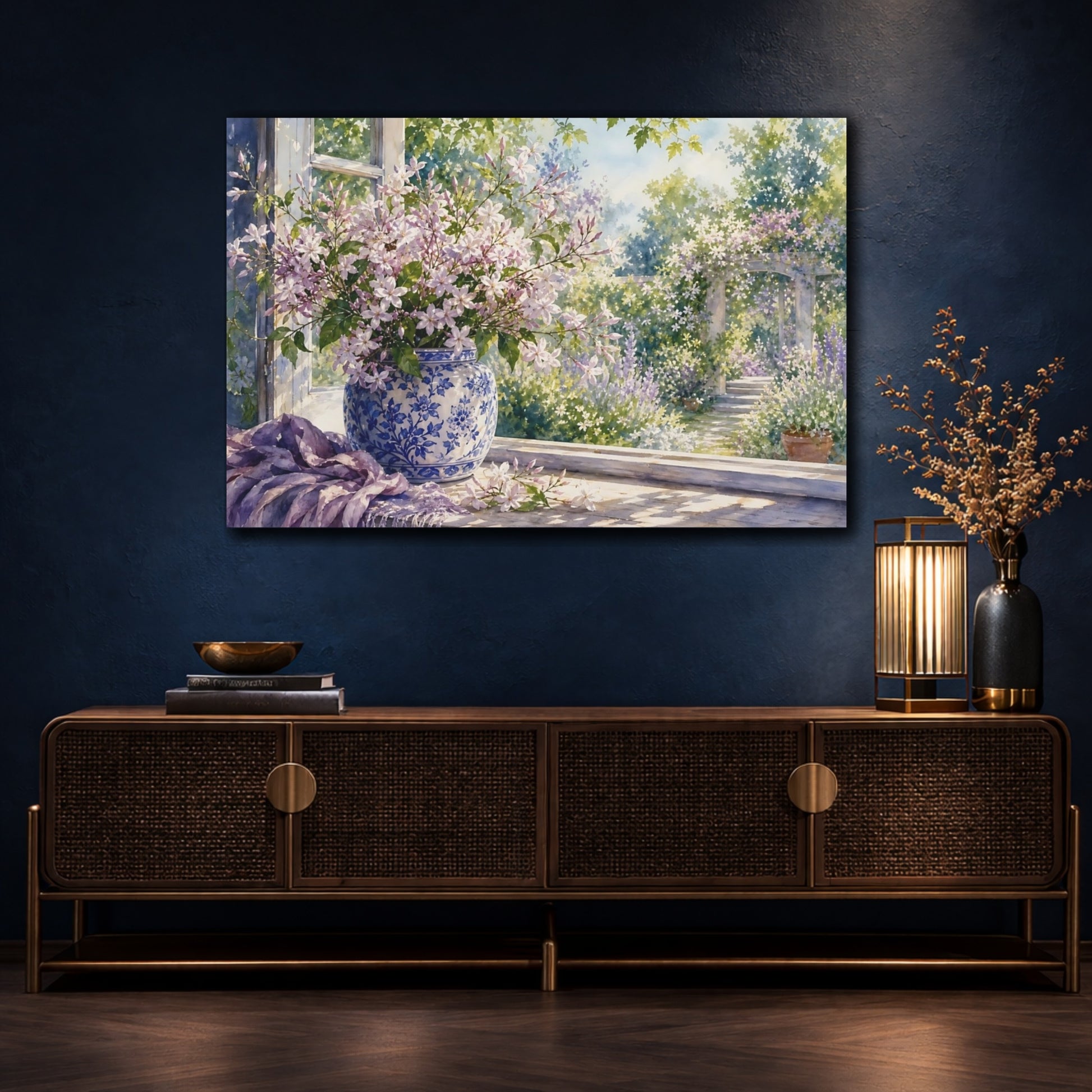 Mockup 4. Loose Watercolor Wash Mauve Jasmine In Blue Patterned Jar Through Window Glow shown as stretched canvas wall art