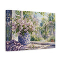 Side Mockup 4. Loose Watercolor Wash Mauve Jasmine In Blue Patterned Jar Through Window Glow shown as stretched canvas wall art