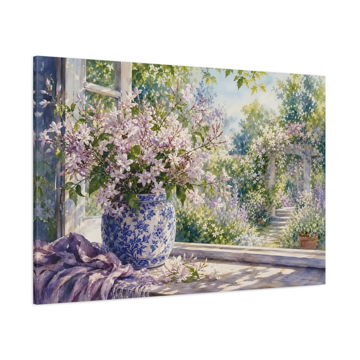 Side Mockup 1. Loose Watercolor Wash Mauve Jasmine In Blue Patterned Jar Through Window Glow shown as stretched canvas wall art