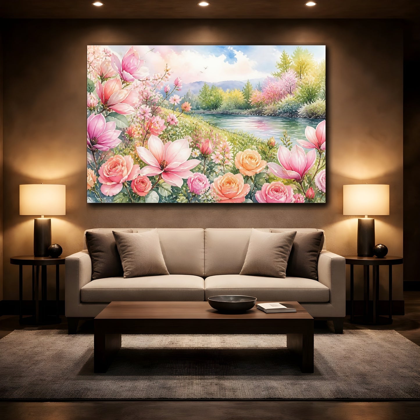 Mockup 2. Loose Watercolor Wash Mixed Pink And Apricot Magnolias Roses Near Riverside Grass shown as stretched canvas wall art