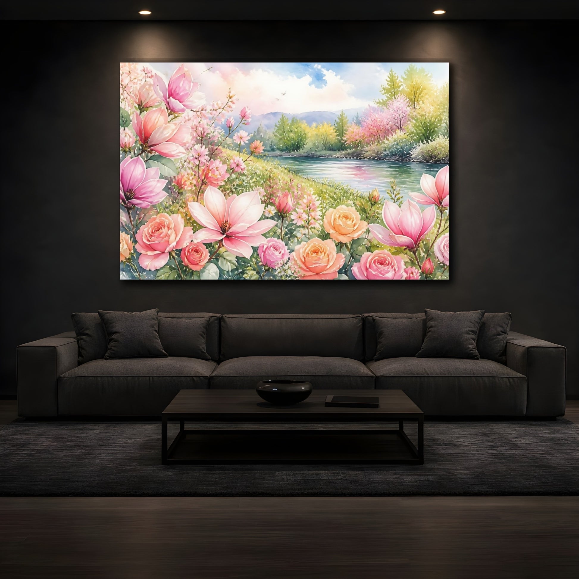 Mockup 3. Loose Watercolor Wash Mixed Pink And Apricot Magnolias Roses Near Riverside Grass shown as stretched canvas wall art