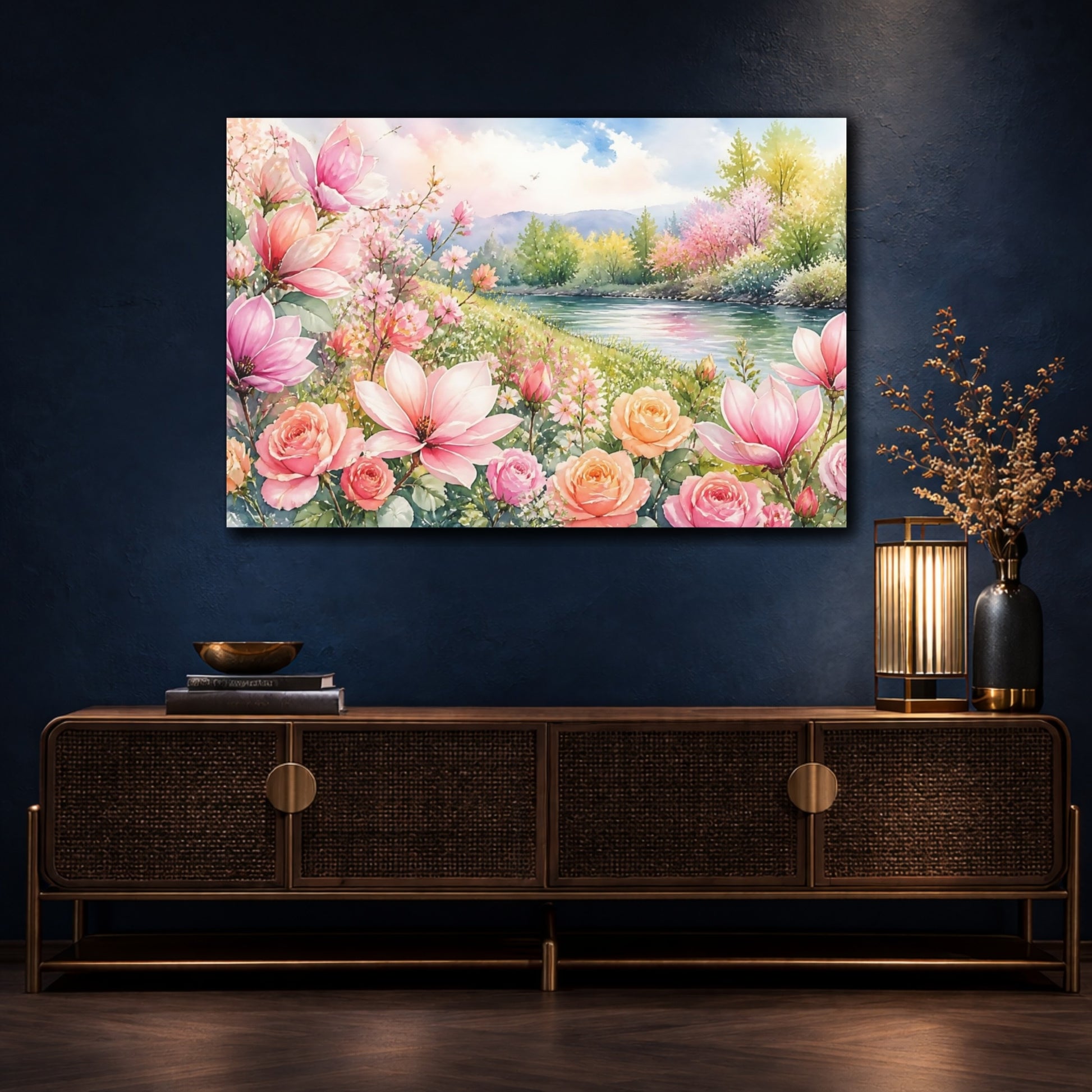 Mockup 4. Loose Watercolor Wash Mixed Pink And Apricot Magnolias Roses Near Riverside Grass shown as stretched canvas wall art