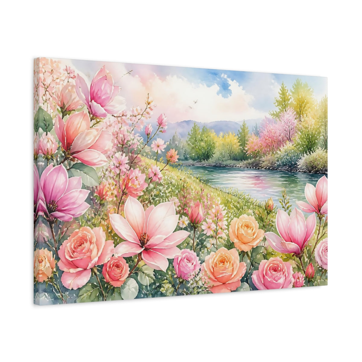 Side Mockup 2. Loose Watercolor Wash Mixed Pink And Apricot Magnolias Roses Near Riverside Grass shown as stretched canvas wall art
