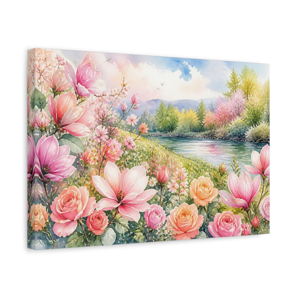 Side Mockup 4. Loose Watercolor Wash Mixed Pink And Apricot Magnolias Roses Near Riverside Grass shown as stretched canvas wall art