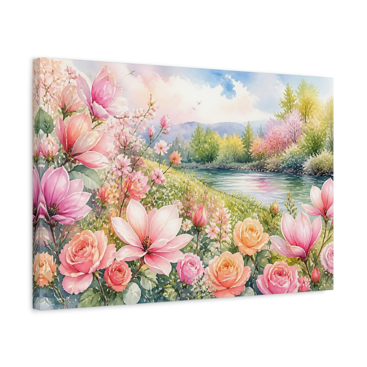 Side Mockup 3. Loose Watercolor Wash Mixed Pink And Apricot Magnolias Roses Near Riverside Grass shown as stretched canvas wall art