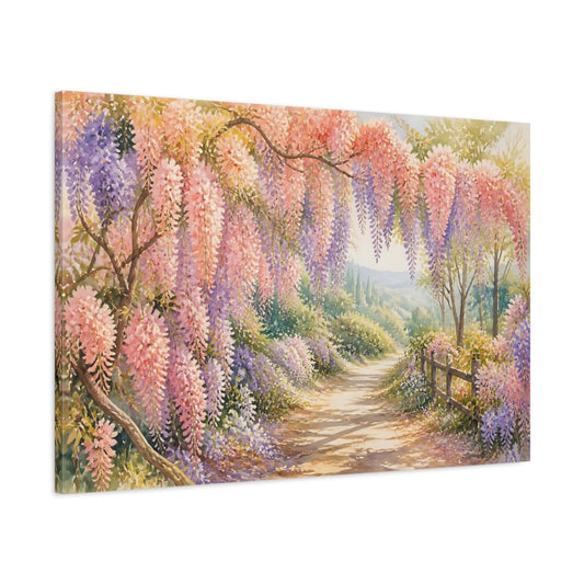 Main Mockup. Loose Watercolor Wash Peach Wisteria Vines Against Woodland Path shown as stretched canvas wall art