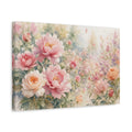 Side Mockup 4. Loose Watercolor Wash Roses And Peonies Through Garden Haze With Scattered Petals shown as stretched canvas wall art
