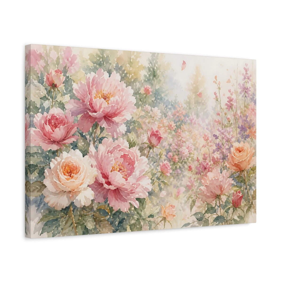 Side Mockup 3. Loose Watercolor Wash Roses And Peonies Through Garden Haze With Scattered Petals shown as stretched canvas wall art