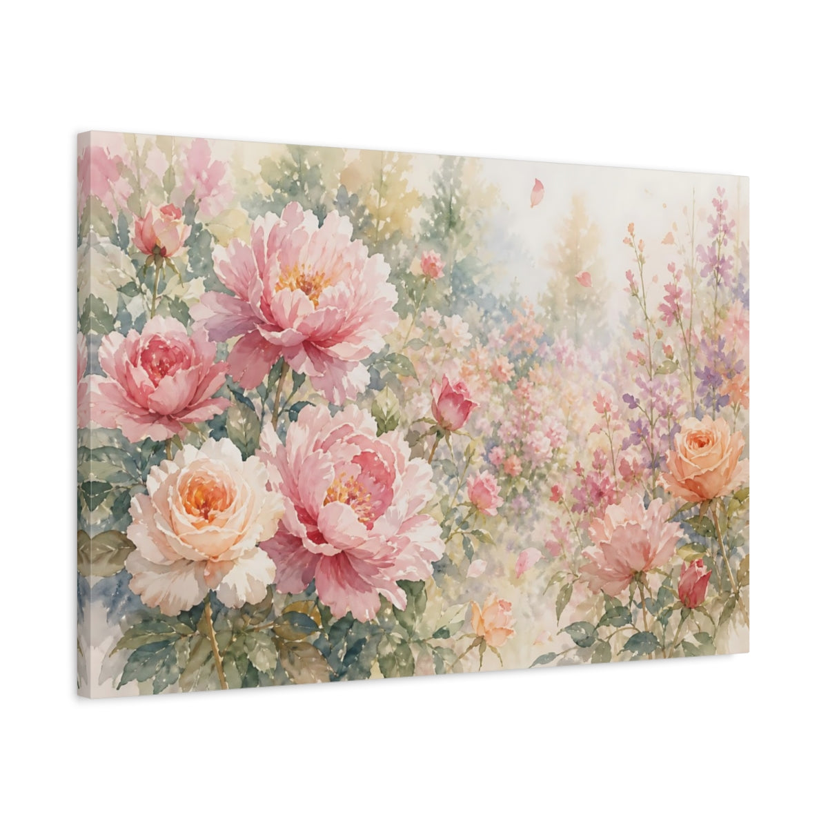 Side Mockup 2. Loose Watercolor Wash Roses And Peonies Through Garden Haze With Scattered Petals shown as stretched canvas wall art