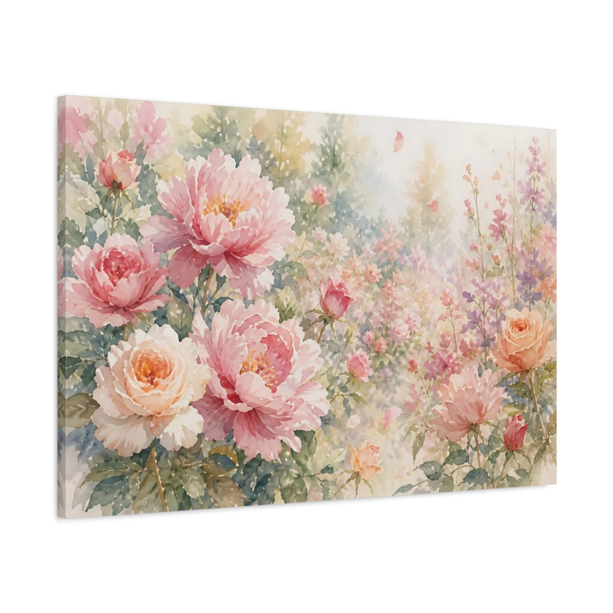 Main Mockup. Loose Watercolor Wash Roses And Peonies Through Garden Haze With Scattered Petals shown as stretched canvas wall art