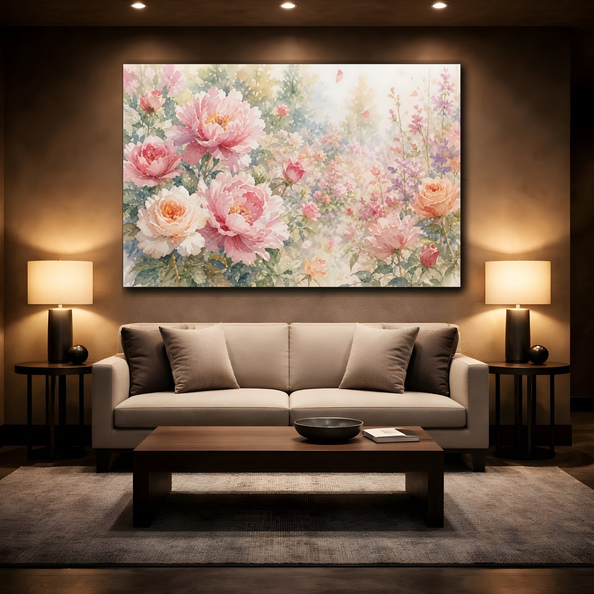 Mockup 2. Loose Watercolor Wash Roses And Peonies Through Garden Haze With Scattered Petals shown as stretched canvas wall art