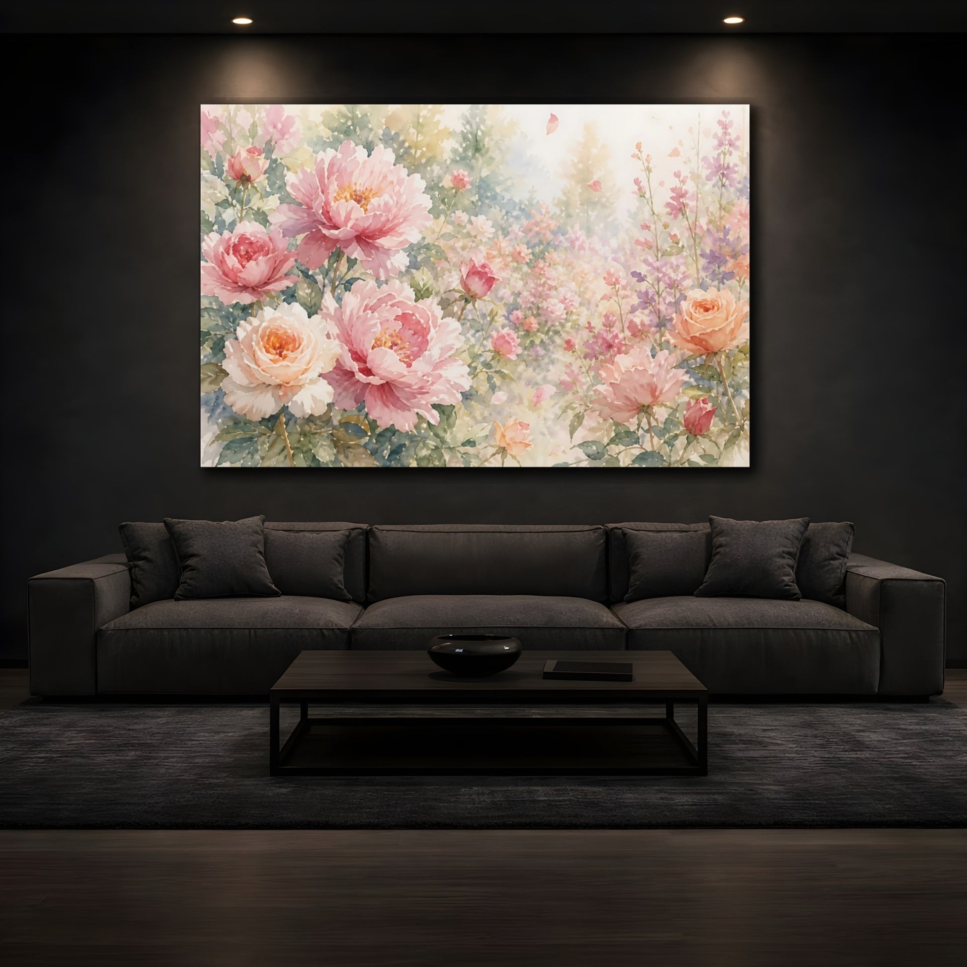 Mockup 3. Loose Watercolor Wash Roses And Peonies Through Garden Haze With Scattered Petals shown as stretched canvas wall art