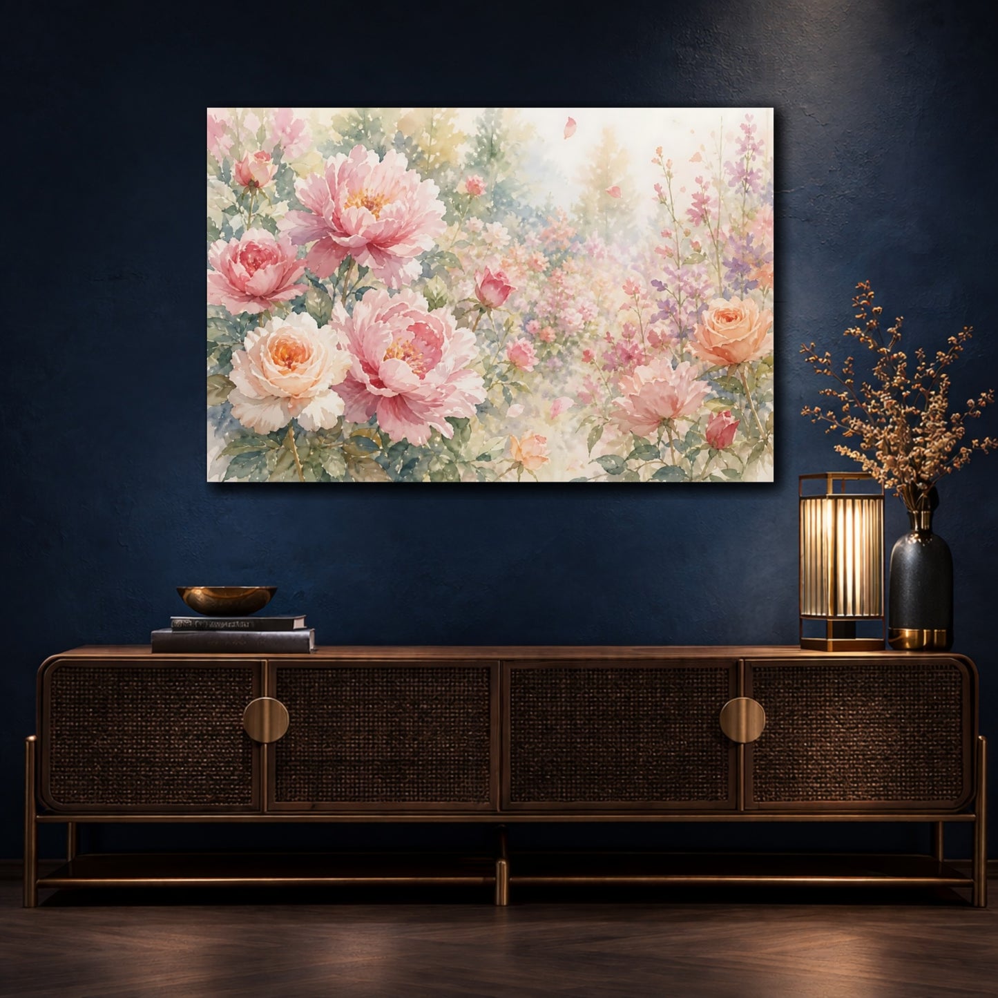 Mockup 4. Loose Watercolor Wash Roses And Peonies Through Garden Haze With Scattered Petals shown as stretched canvas wall art