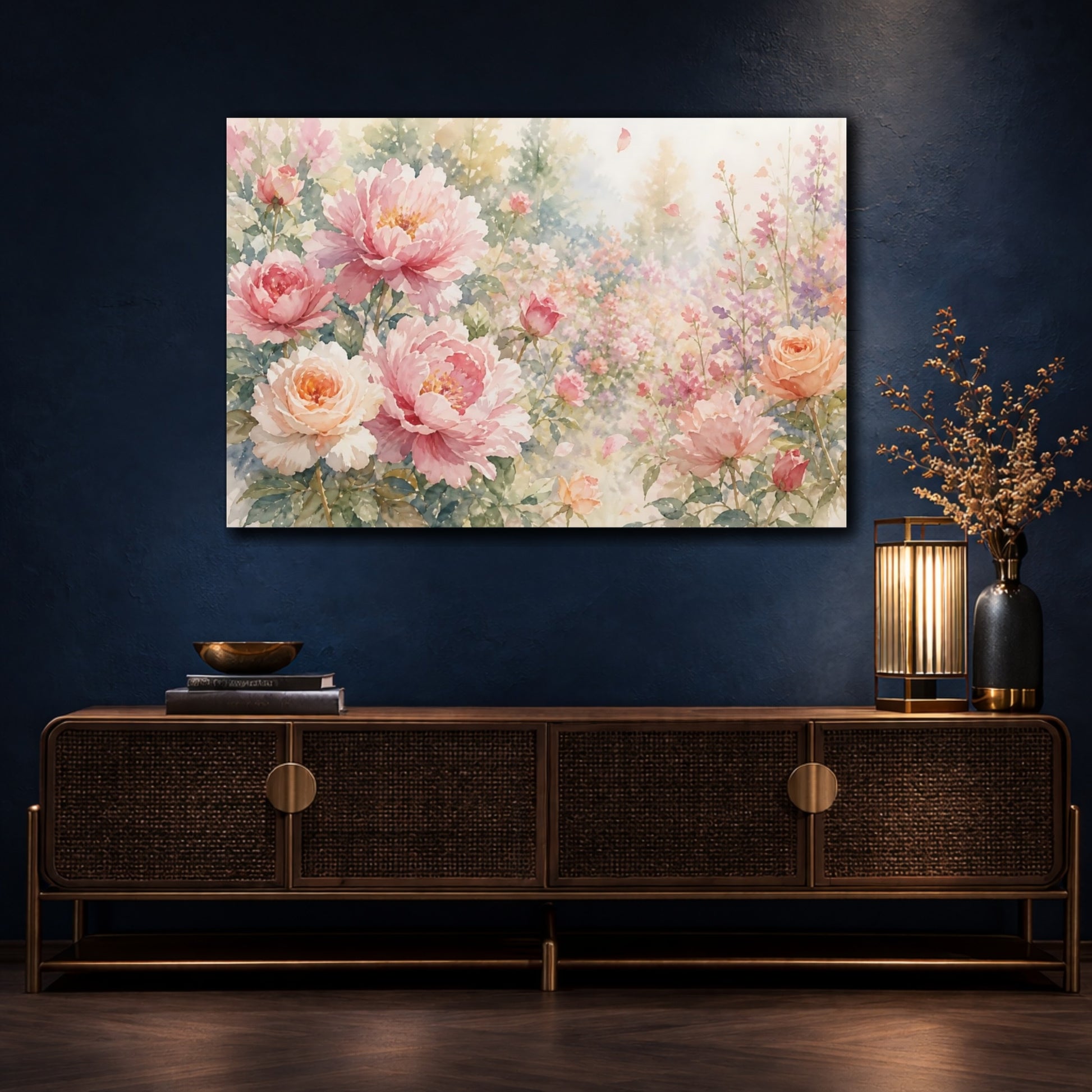 Mockup 4. Loose Watercolor Wash Roses And Peonies Through Garden Haze With Scattered Petals shown as stretched canvas wall art