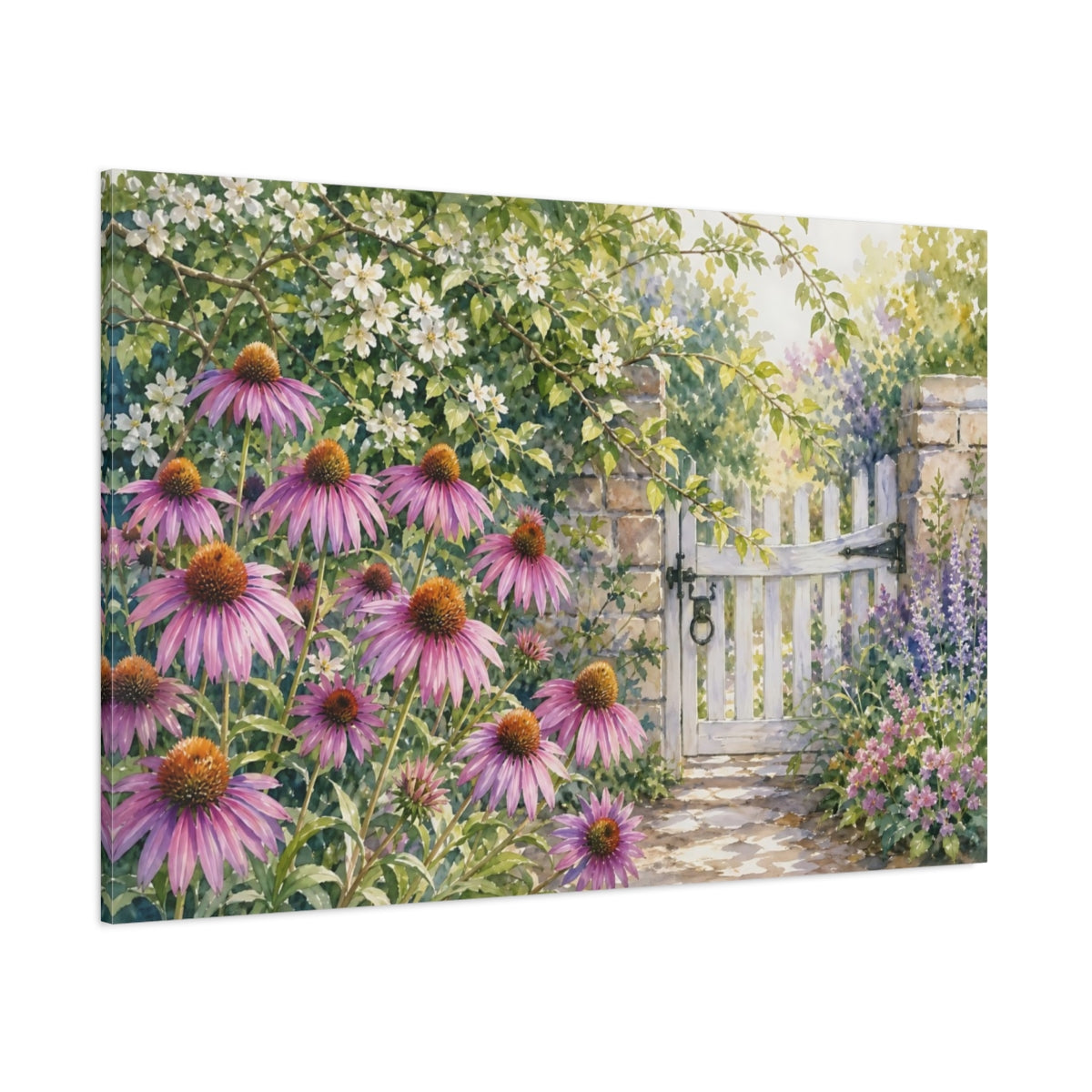 Side Mockup 1. Loose Watercolor Wash Row Of Lilac Prairie Coneflowers Beside Garden Gate shown as stretched canvas wall art