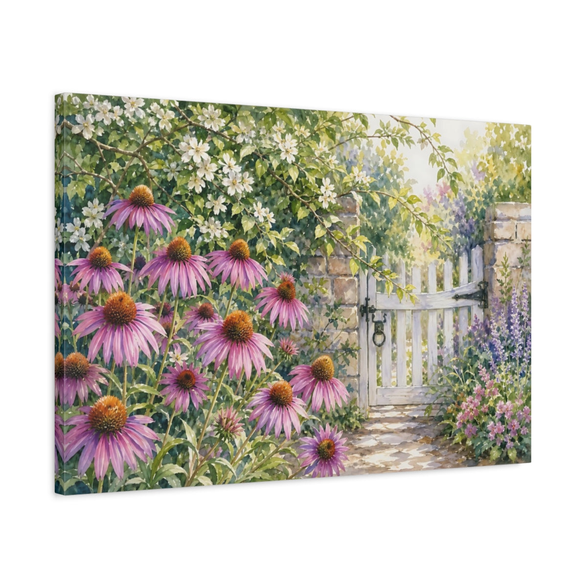 Side Mockup 2. Loose Watercolor Wash Row Of Lilac Prairie Coneflowers Beside Garden Gate shown as stretched canvas wall art