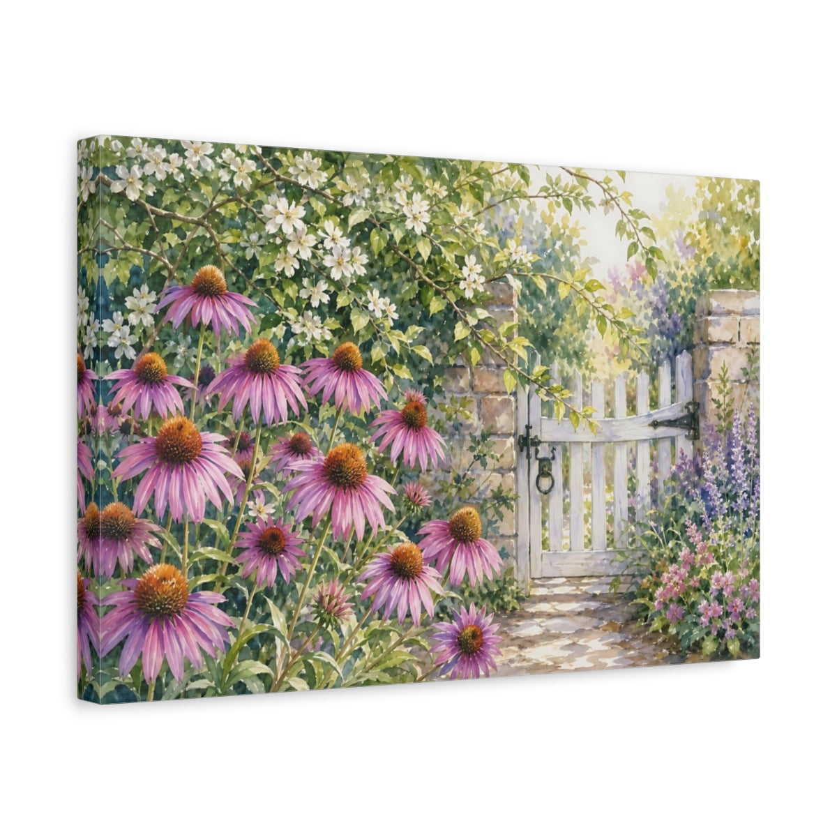 Side Mockup 4. Loose Watercolor Wash Row Of Lilac Prairie Coneflowers Beside Garden Gate shown as stretched canvas wall art