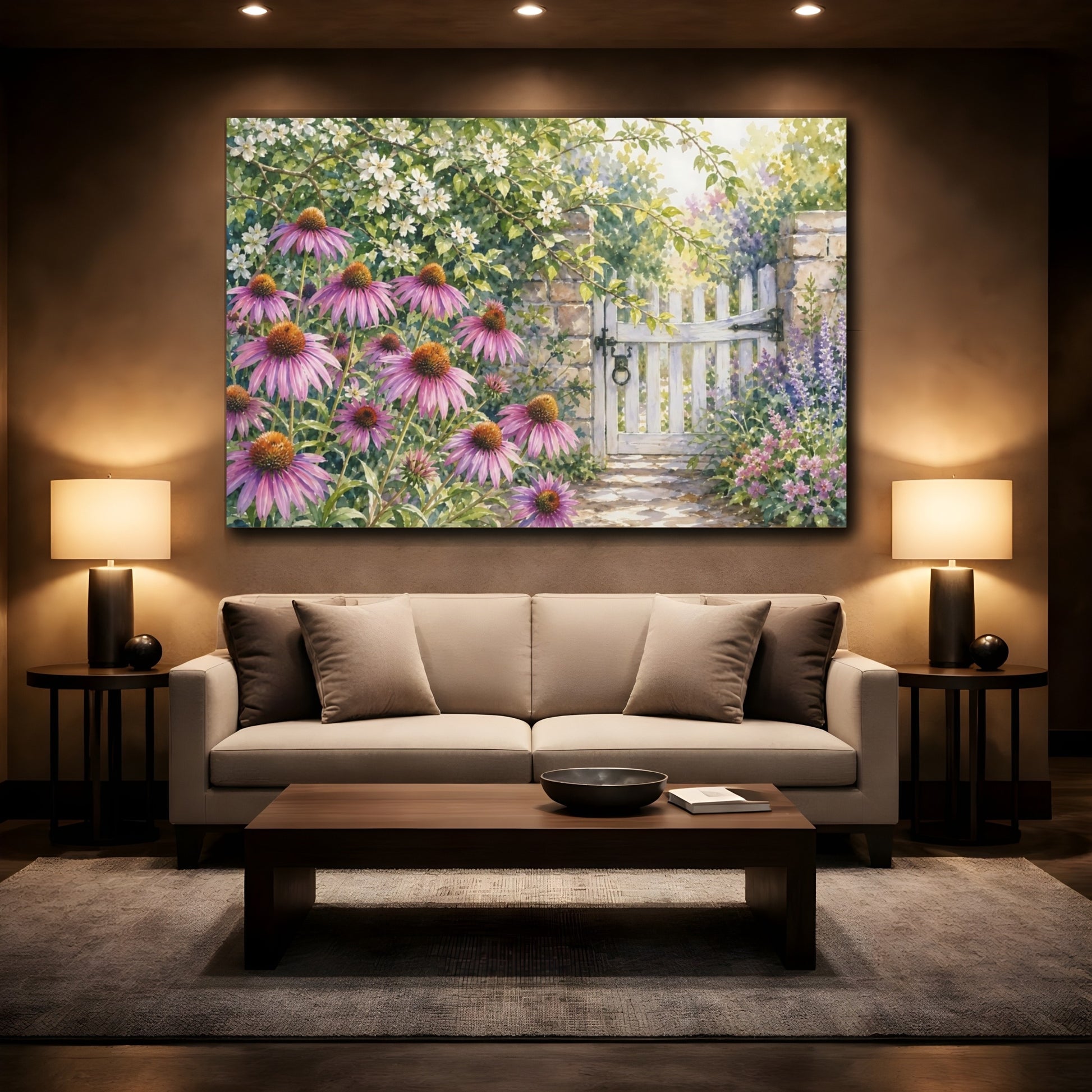 Mockup 2. Loose Watercolor Wash Row Of Lilac Prairie Coneflowers Beside Garden Gate shown as stretched canvas wall art