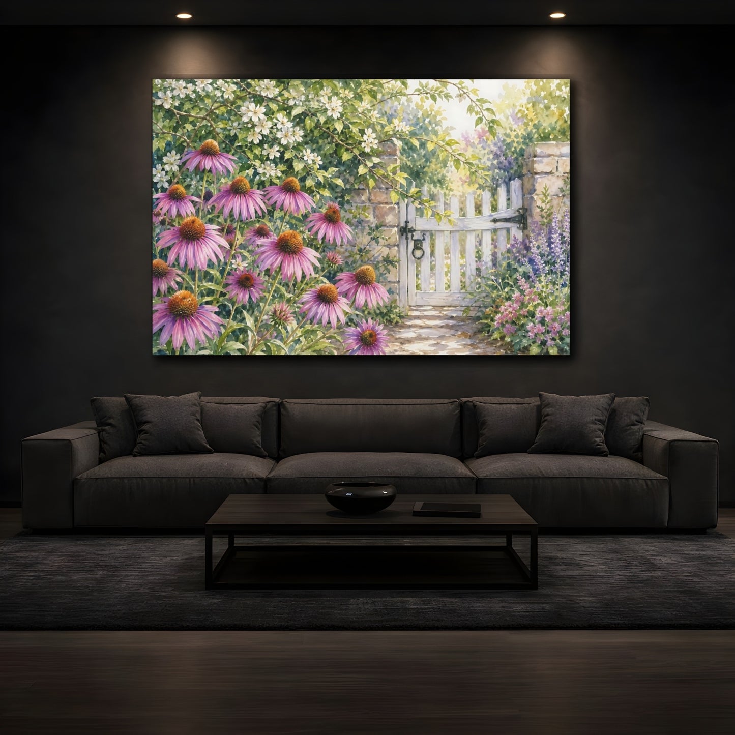 Mockup 3. Loose Watercolor Wash Row Of Lilac Prairie Coneflowers Beside Garden Gate shown as stretched canvas wall art