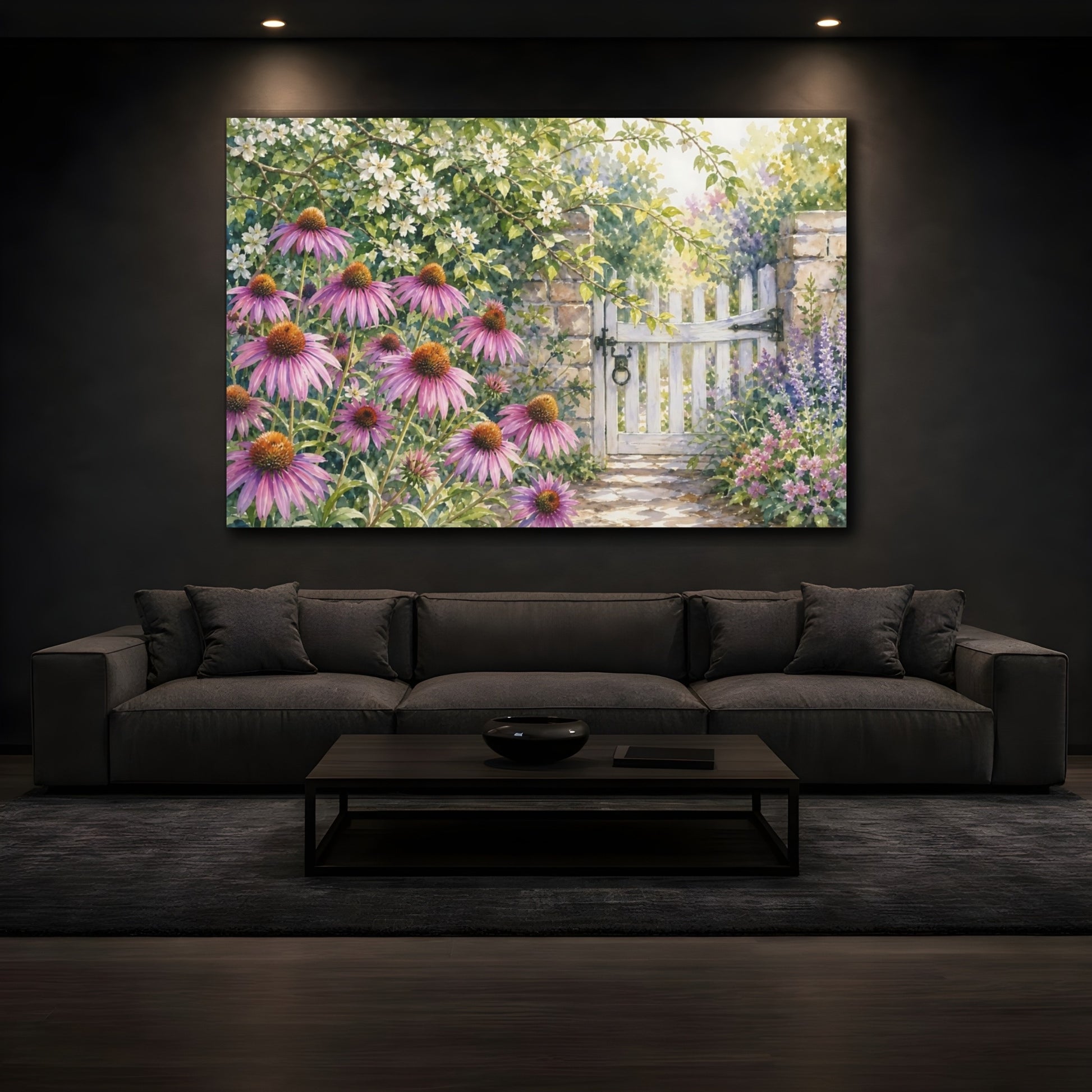 Mockup 3. Loose Watercolor Wash Row Of Lilac Prairie Coneflowers Beside Garden Gate shown as stretched canvas wall art