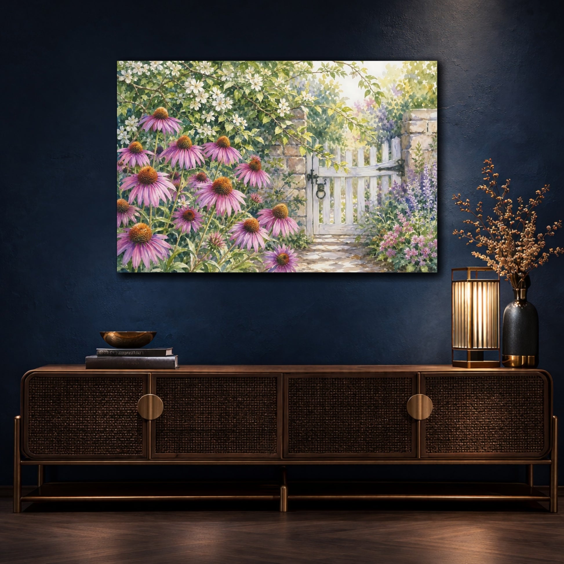 Mockup 4. Loose Watercolor Wash Row Of Lilac Prairie Coneflowers Beside Garden Gate shown as stretched canvas wall art