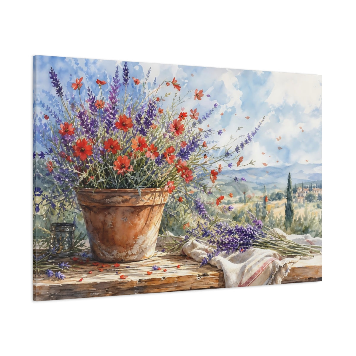 Side Mockup 1. Loose Watercolor Wash Scarlet Lavender In Clay Pot Summer Breeze shown as stretched canvas wall art