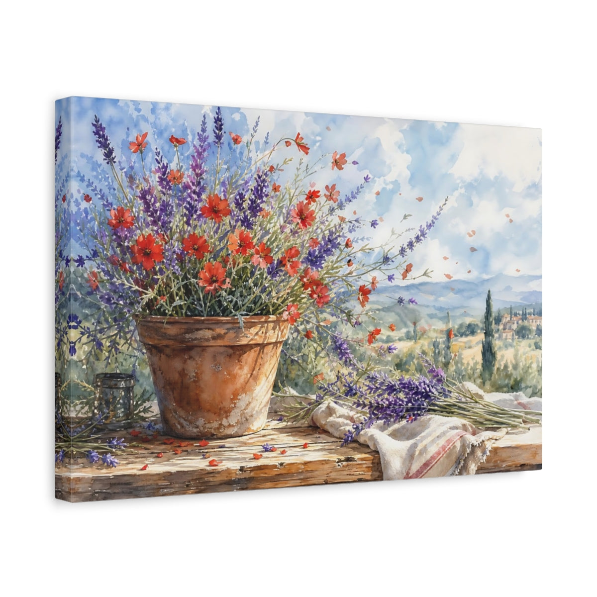 Side Mockup 4. Loose Watercolor Wash Scarlet Lavender In Clay Pot Summer Breeze shown as stretched canvas wall art
