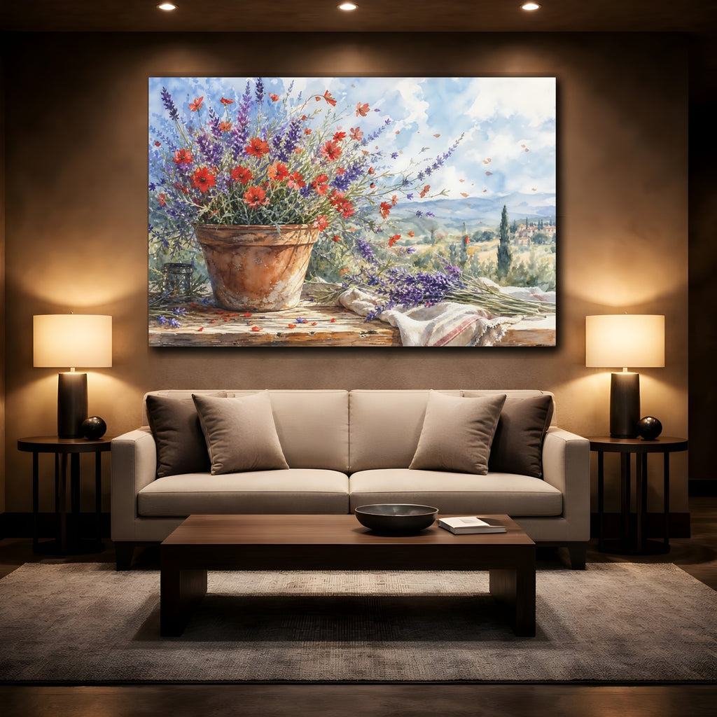 Mockup 2. Loose Watercolor Wash Scarlet Lavender In Clay Pot Summer Breeze shown as stretched canvas wall art