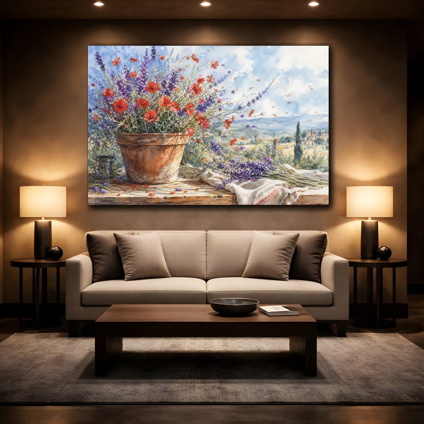 Mockup 2. Loose Watercolor Wash Scarlet Lavender In Clay Pot Summer Breeze shown as stretched canvas wall art