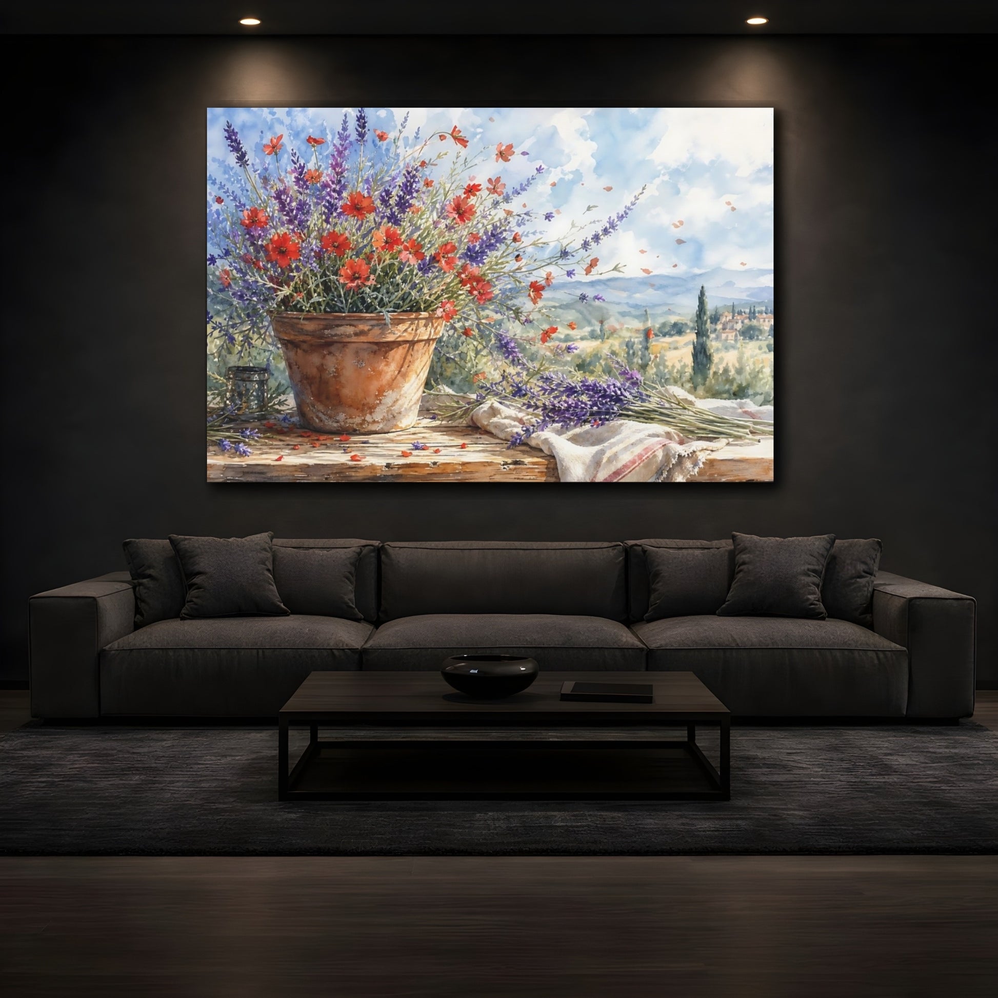 Mockup 3. Loose Watercolor Wash Scarlet Lavender In Clay Pot Summer Breeze shown as stretched canvas wall art