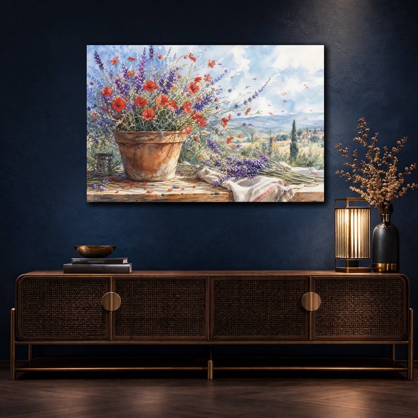 Mockup 4. Loose Watercolor Wash Scarlet Lavender In Clay Pot Summer Breeze shown as stretched canvas wall art
