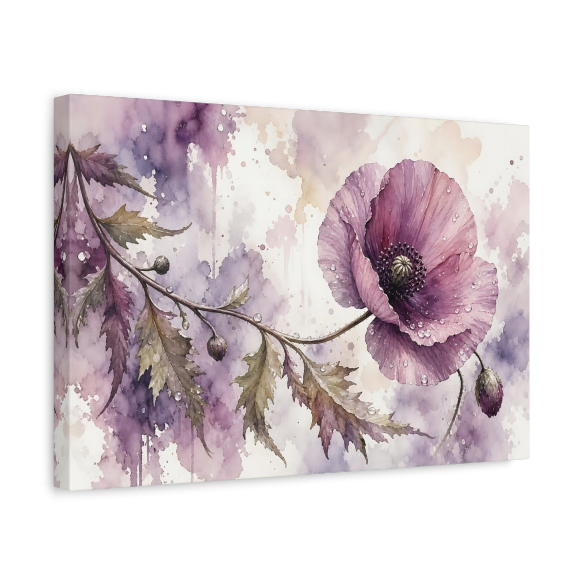 Side Mockup 4. Loose Watercolor Wash Single Mauve Poppy With Dew Drops shown as stretched canvas wall art