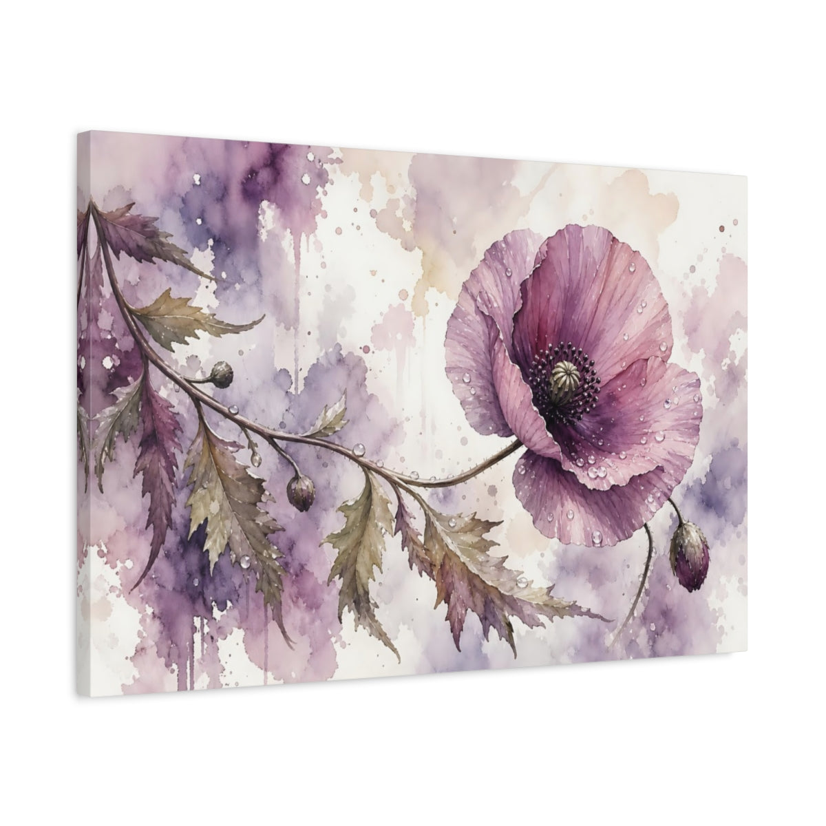 Side Mockup 2. Loose Watercolor Wash Single Mauve Poppy With Dew Drops shown as stretched canvas wall art