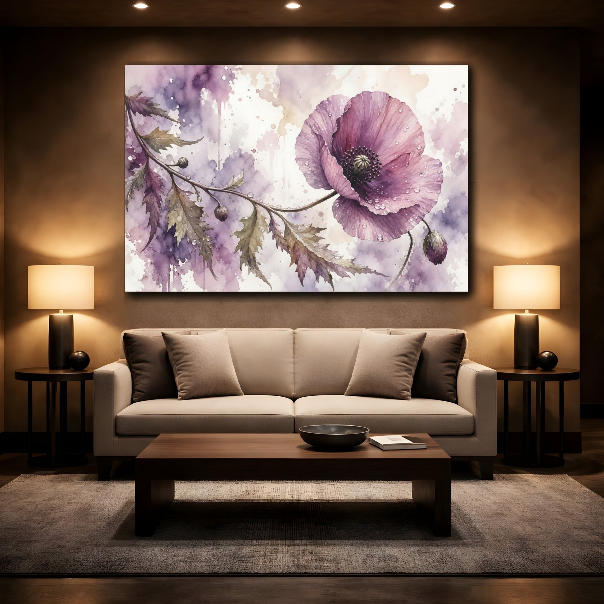 Mockup 2. Loose Watercolor Wash Single Mauve Poppy With Dew Drops shown as stretched canvas wall art