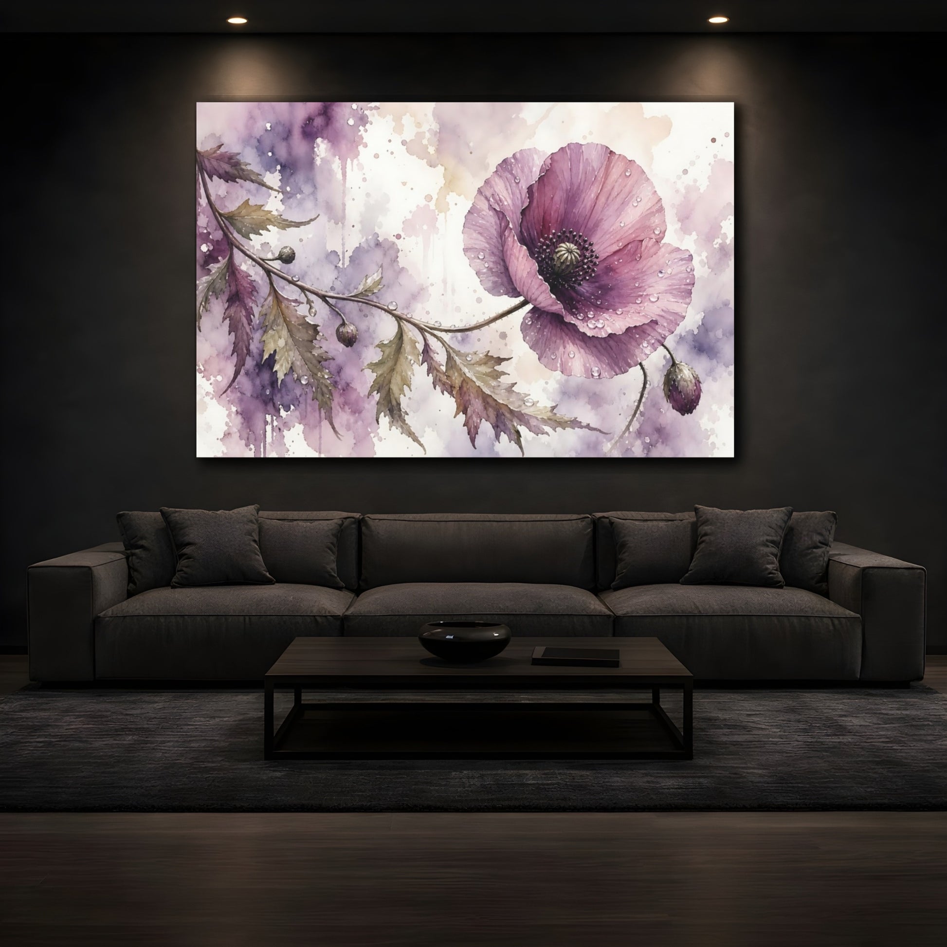 Mockup 3. Loose Watercolor Wash Single Mauve Poppy With Dew Drops shown as stretched canvas wall art