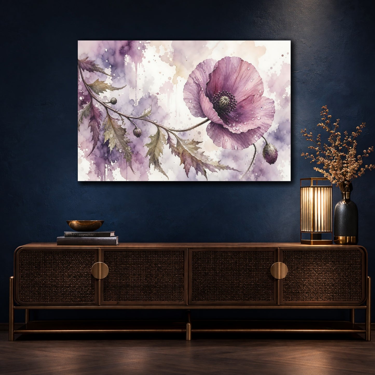 Mockup 4. Loose Watercolor Wash Single Mauve Poppy With Dew Drops shown as stretched canvas wall art
