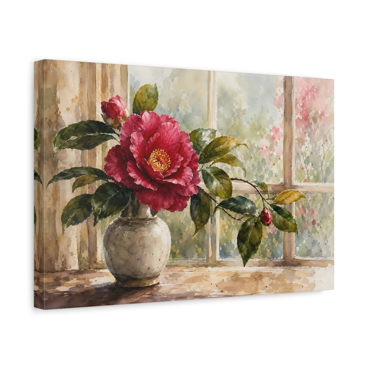 Side Mockup 4. Loose Watercolor Wash Single Plum Camellia Through Window Glow shown as stretched canvas wall art