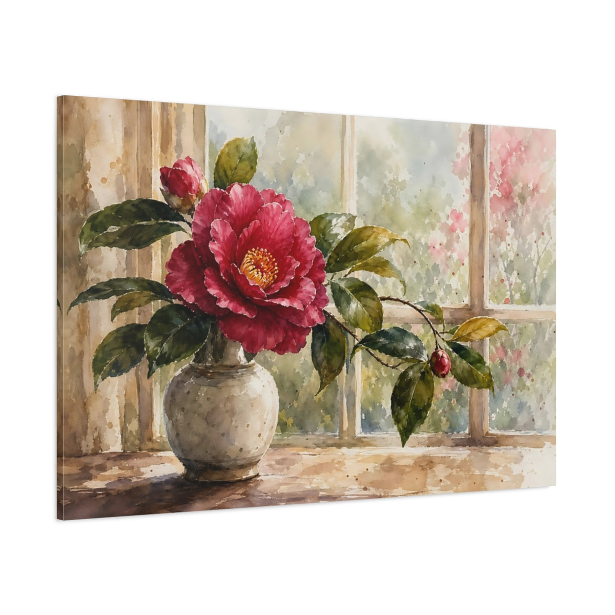 Side Mockup 1. Loose Watercolor Wash Single Plum Camellia Through Window Glow shown as stretched canvas wall art
