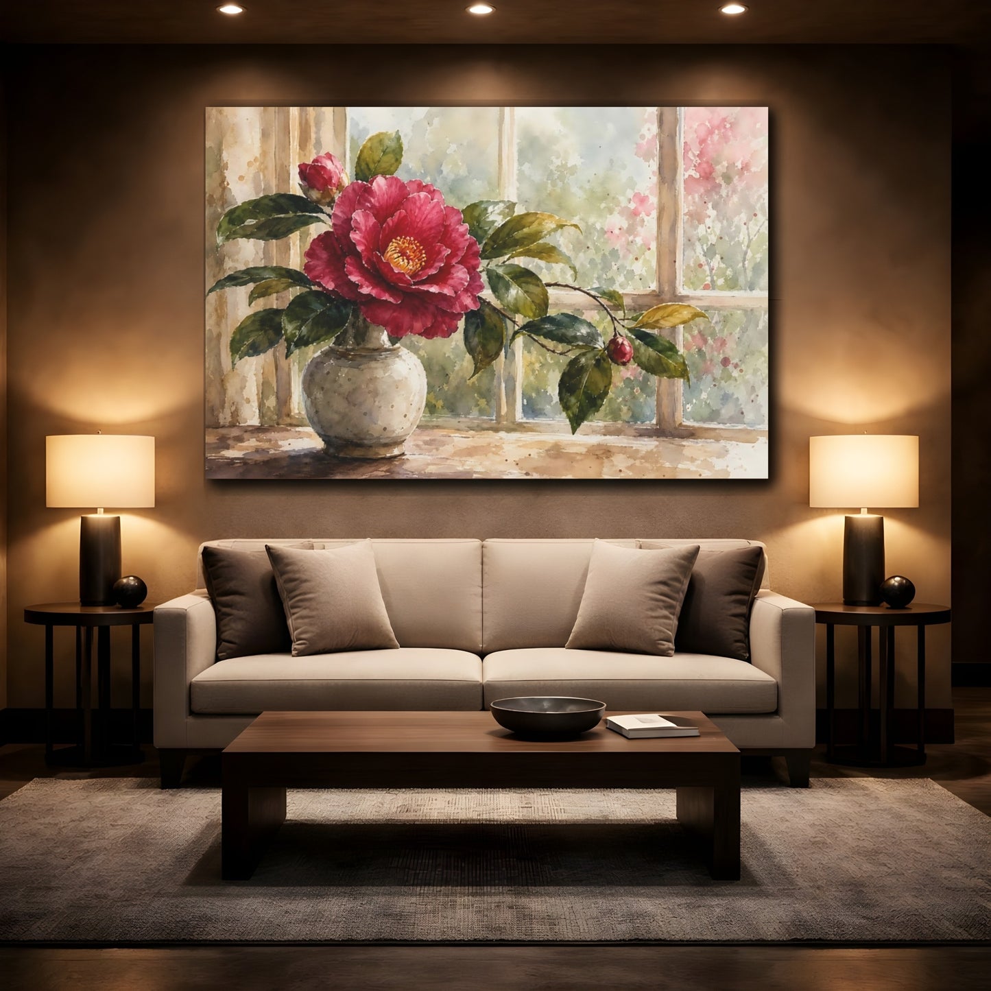 Mockup 2. Loose Watercolor Wash Single Plum Camellia Through Window Glow shown as stretched canvas wall art