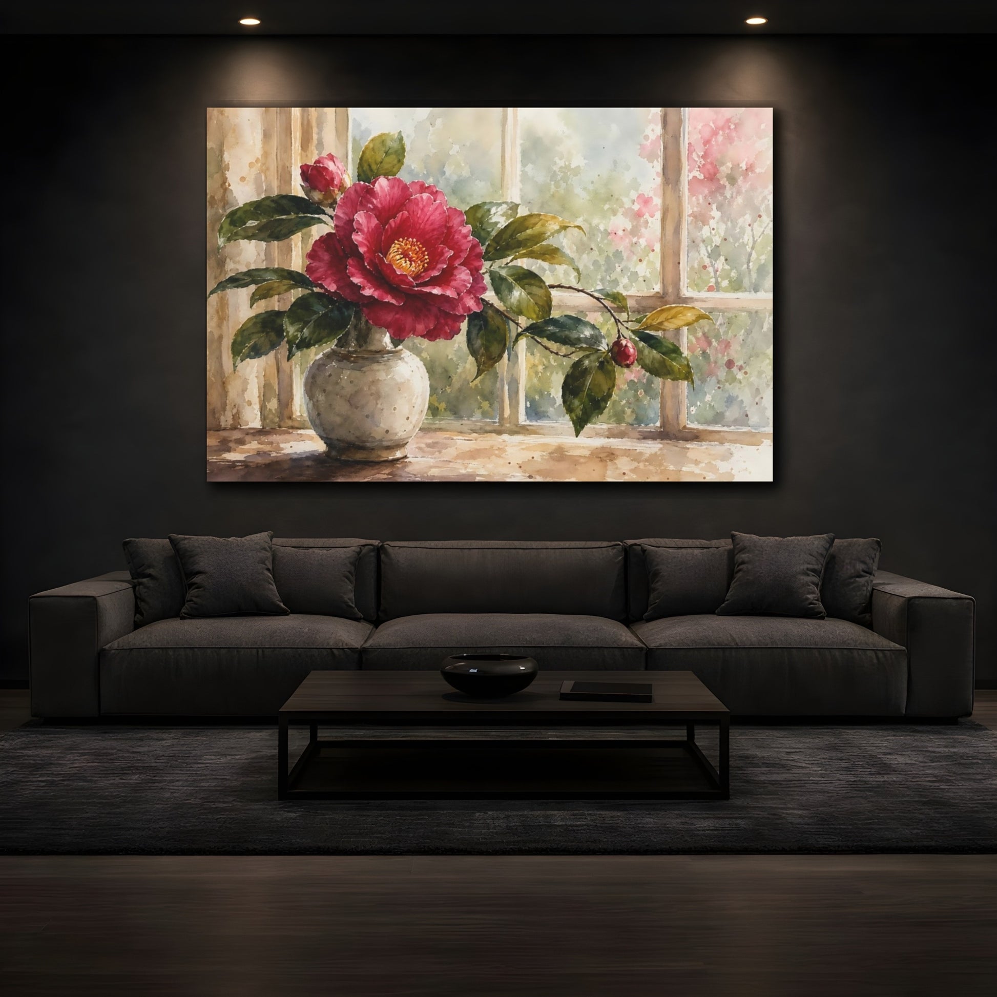 Mockup 3. Loose Watercolor Wash Single Plum Camellia Through Window Glow shown as stretched canvas wall art