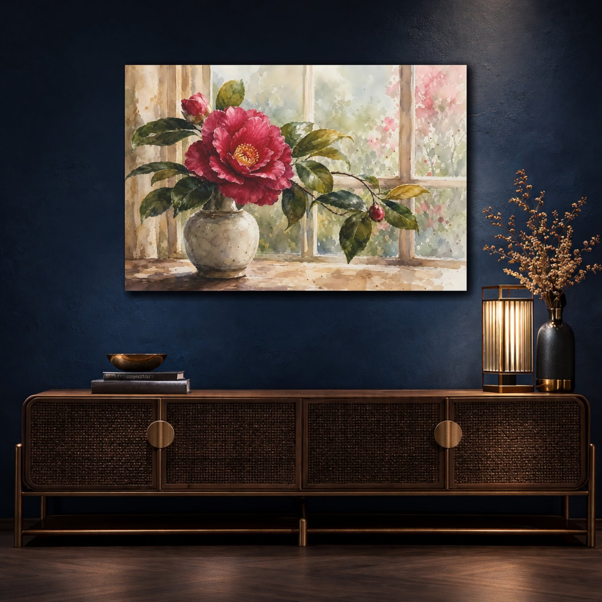 Mockup 4. Loose Watercolor Wash Single Plum Camellia Through Window Glow shown as stretched canvas wall art