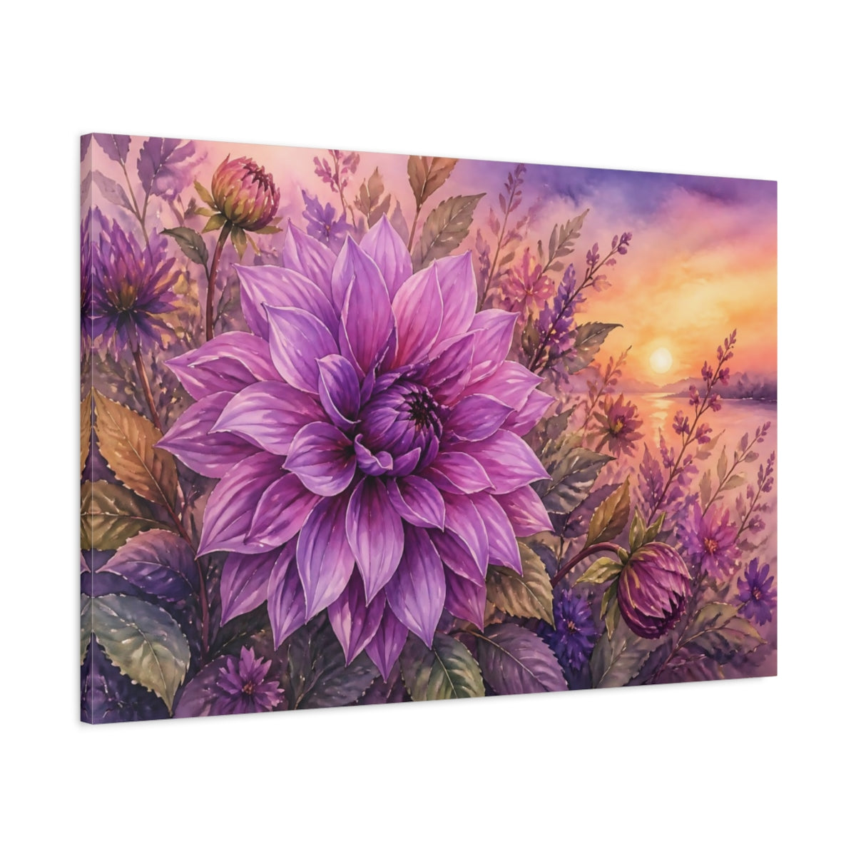 Main Mockup. Loose Watercolor Wash Single Purple Dahlia At Dusk shown as stretched canvas wall art
