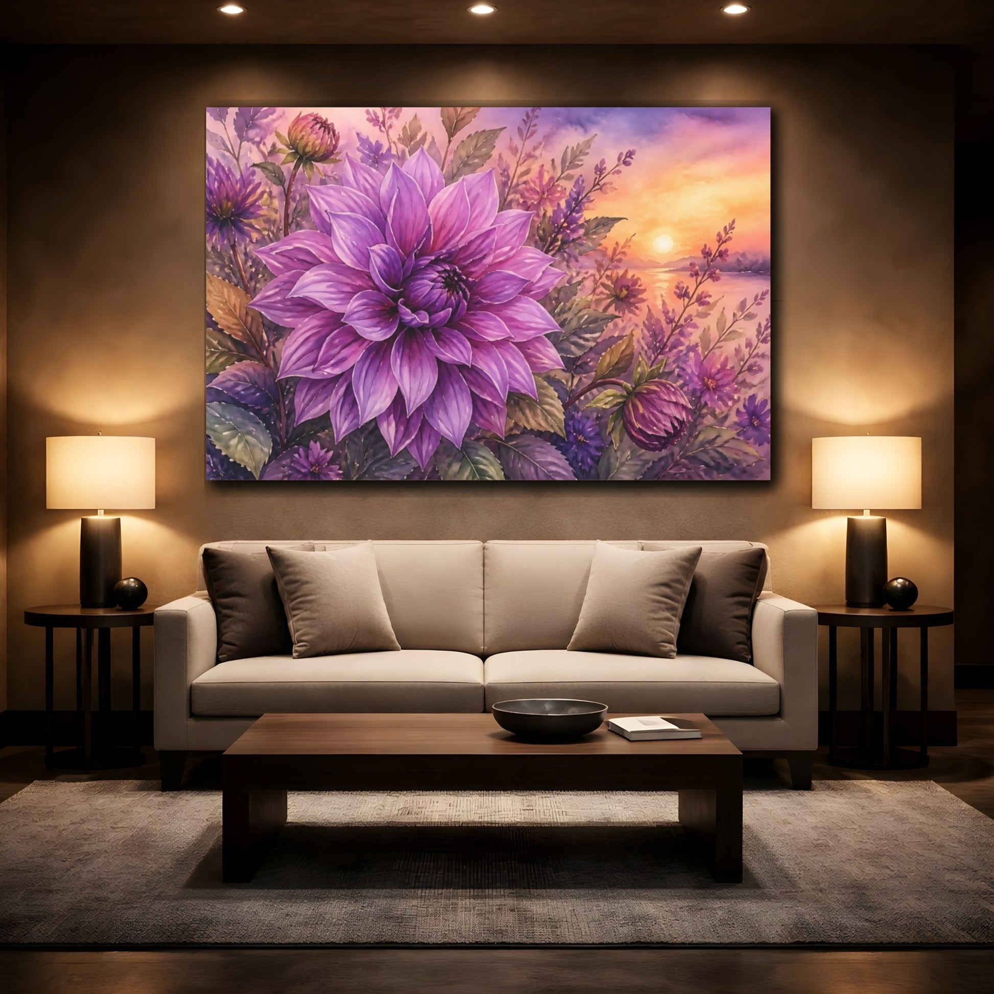Mockup 2. Loose Watercolor Wash Single Purple Dahlia At Dusk shown as stretched canvas wall art