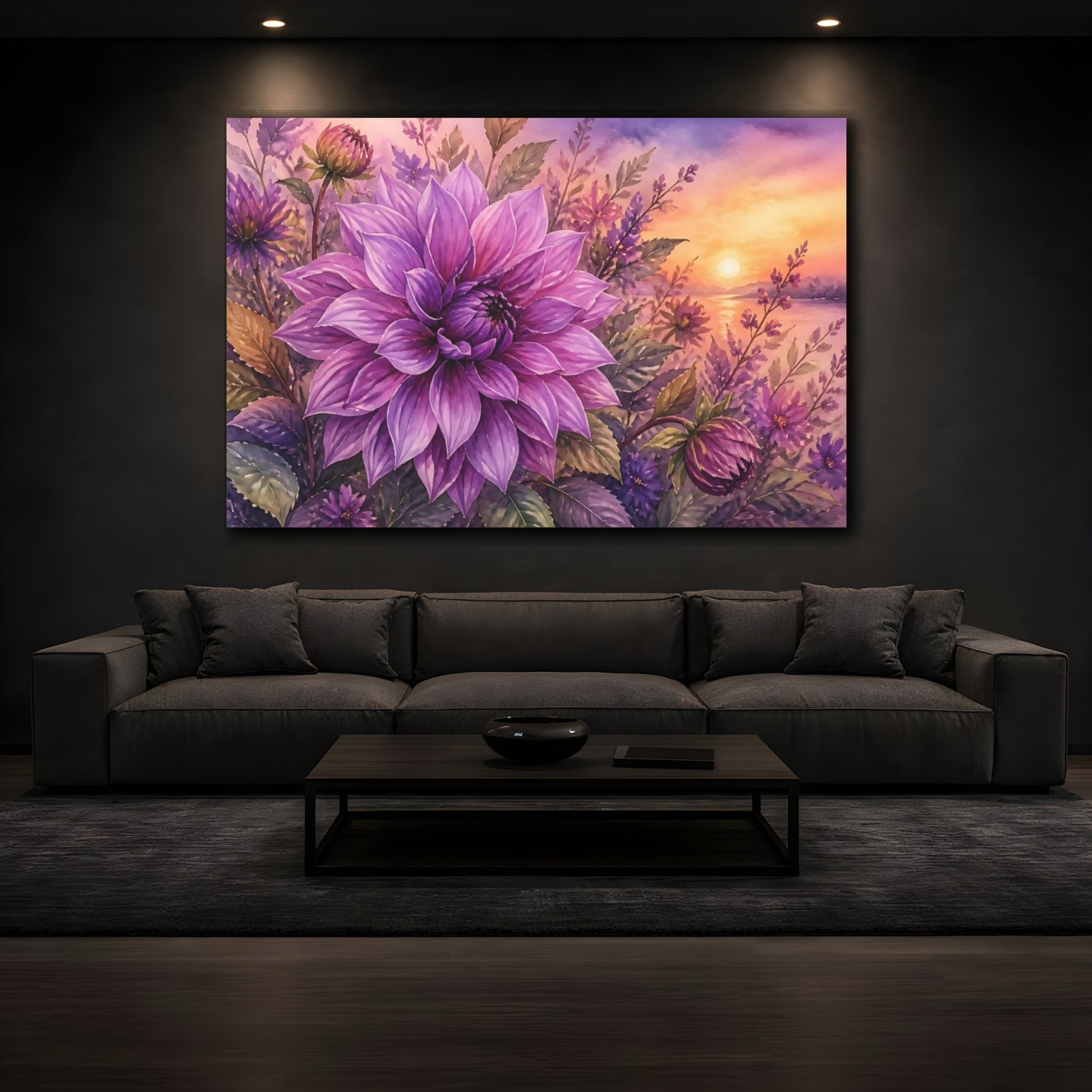 Mockup 3. Loose Watercolor Wash Single Purple Dahlia At Dusk shown as stretched canvas wall art