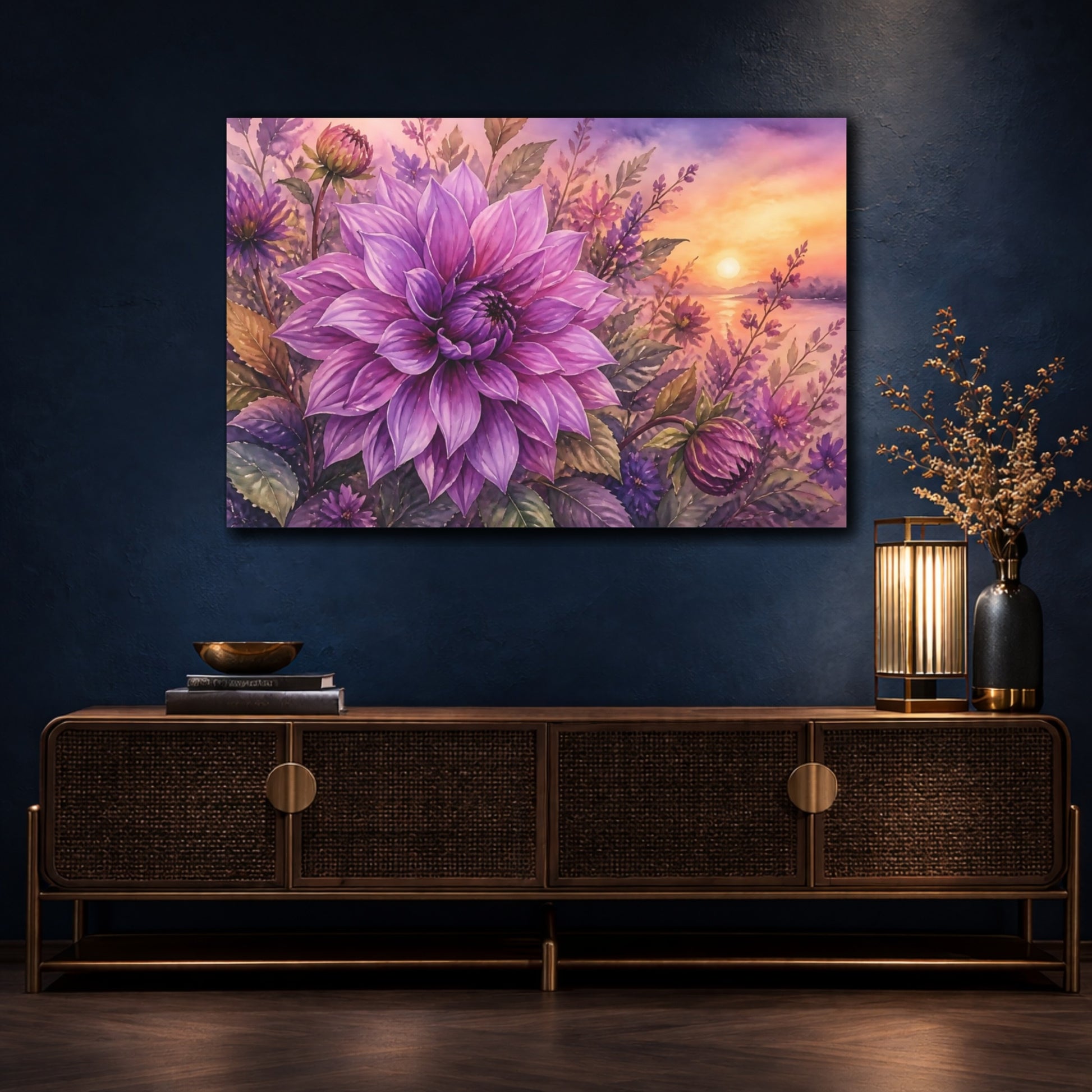 Mockup 4. Loose Watercolor Wash Single Purple Dahlia At Dusk shown as stretched canvas wall art
