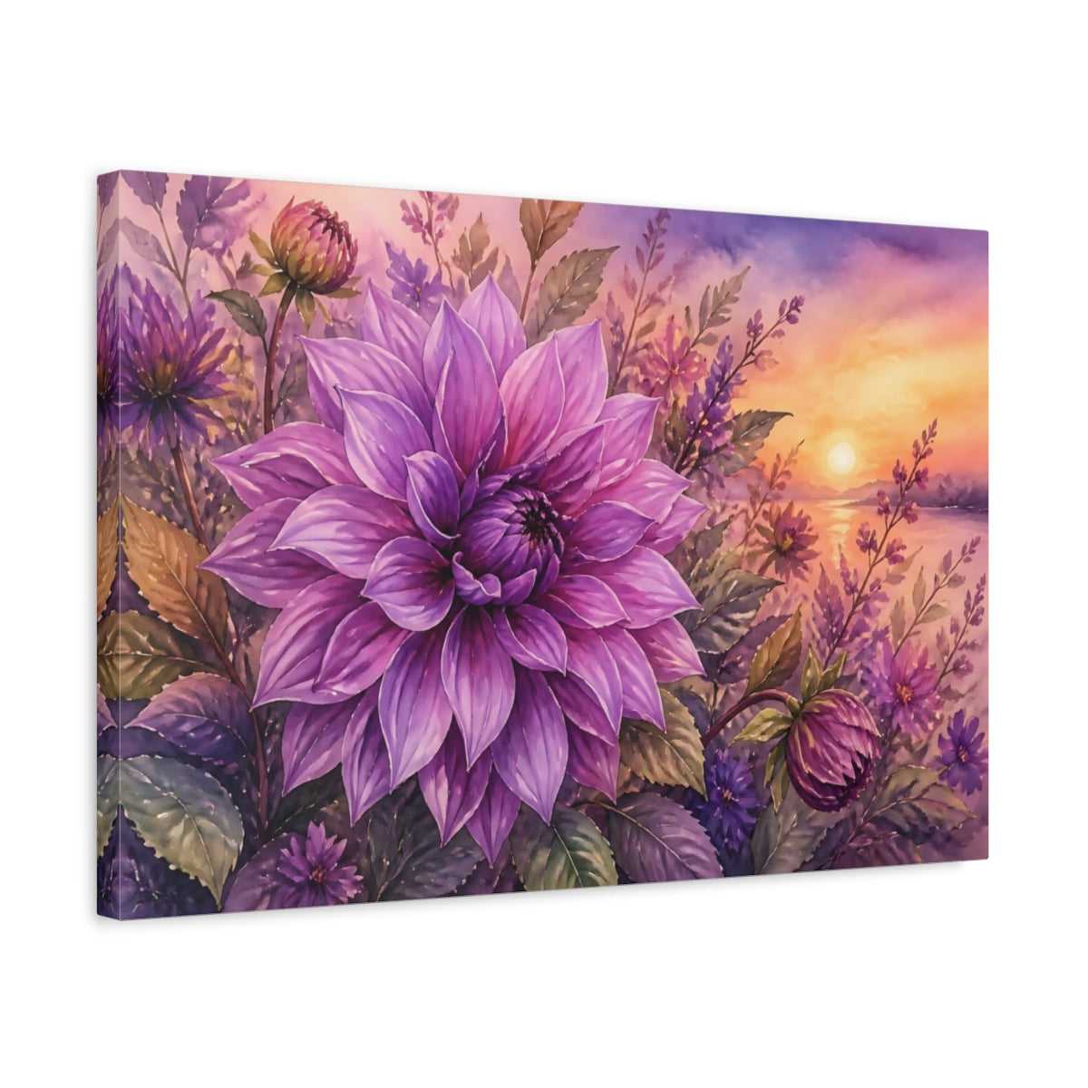 Side Mockup 3. Loose Watercolor Wash Single Purple Dahlia At Dusk shown as stretched canvas wall art