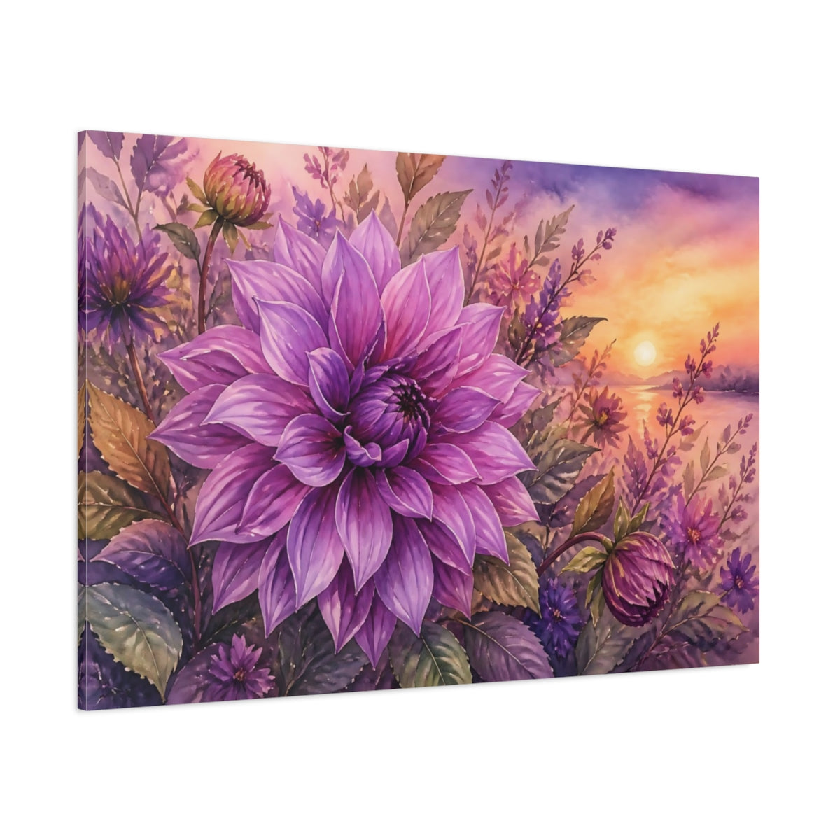 Side Mockup 1. Loose Watercolor Wash Single Purple Dahlia At Dusk shown as stretched canvas wall art