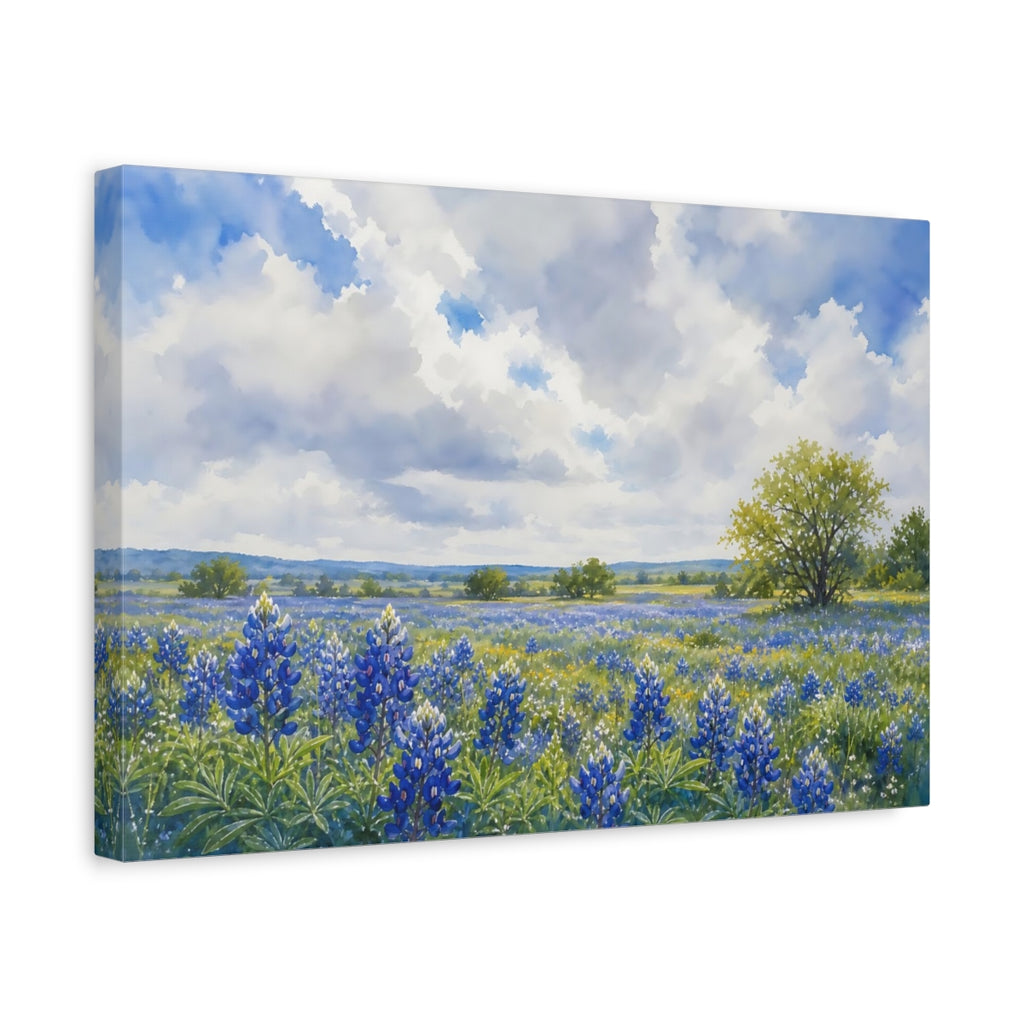 Side Mockup 4. Loose Watercolor Wash Texas Bluebonnets Across Spring Field Beneath Cloudy Light shown as stretched canvas wall art
