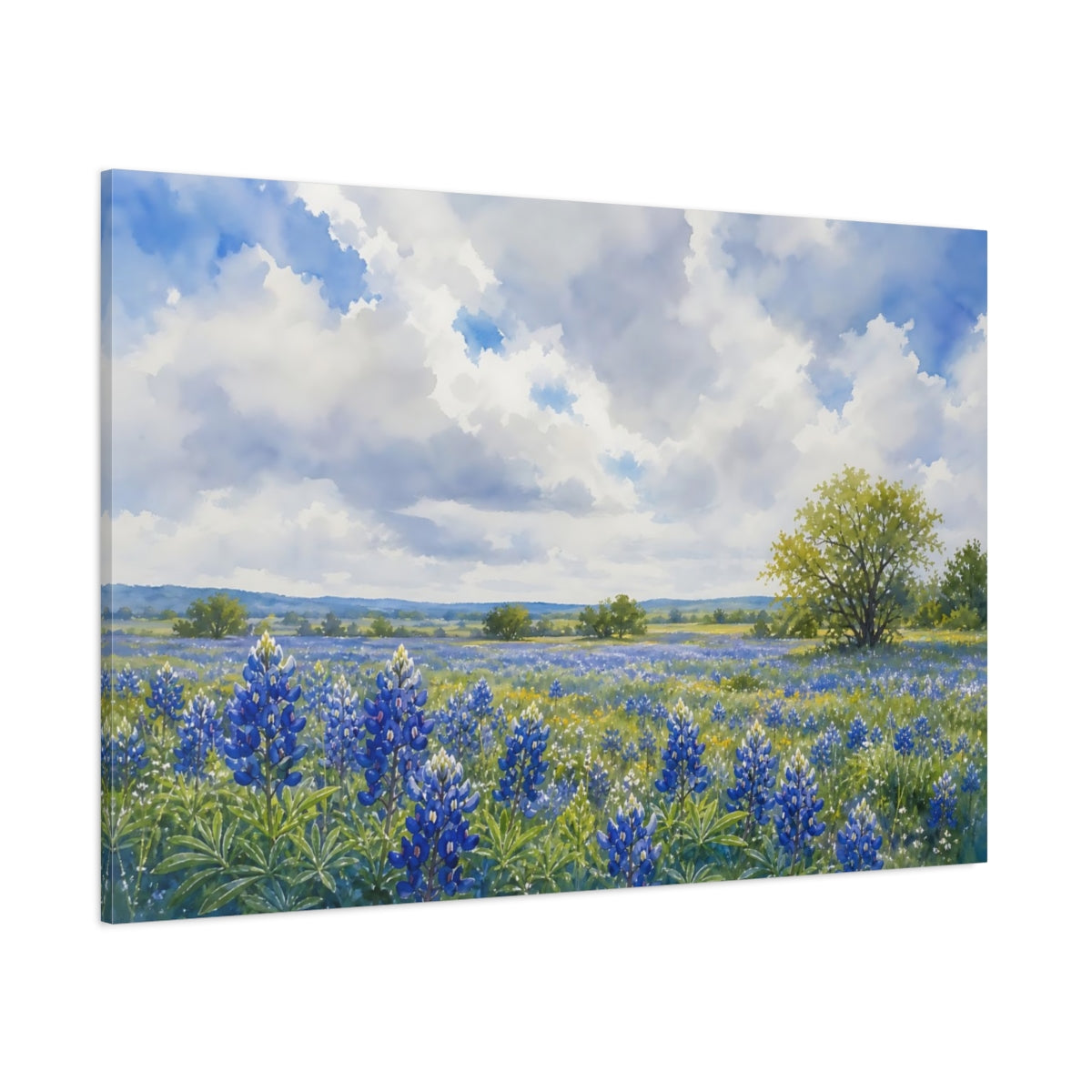 Side Mockup 1. Loose Watercolor Wash Texas Bluebonnets Across Spring Field Beneath Cloudy Light shown as stretched canvas wall art