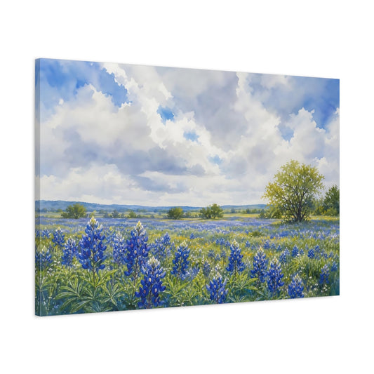 Main Mockup. Loose Watercolor Wash Texas Bluebonnets Across Spring Field Beneath Cloudy Light shown as stretched canvas wall art